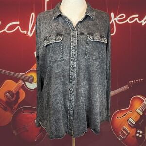 Rock & Republic Gray Acid Washed Long Sleeve Button Up Women's 1X Back Cutout